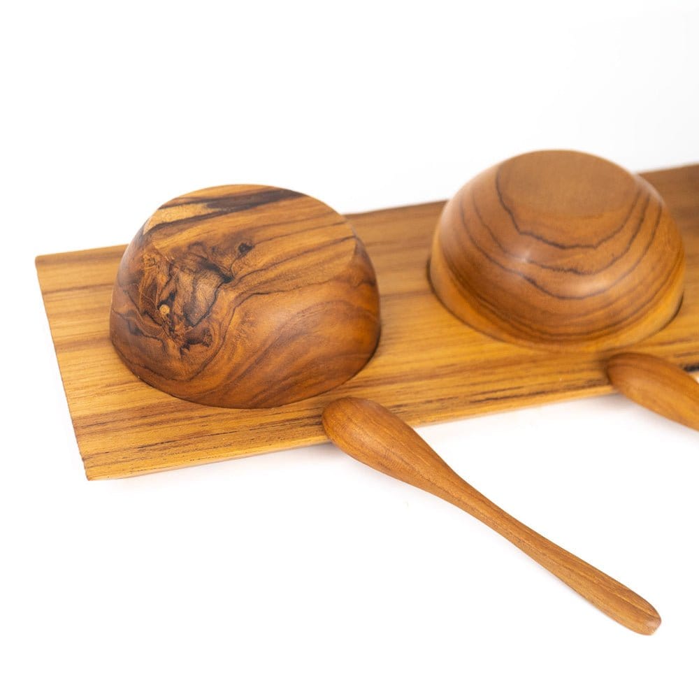 Teak Wood Condiment Dipping Bowl Set with Tray and Spoons