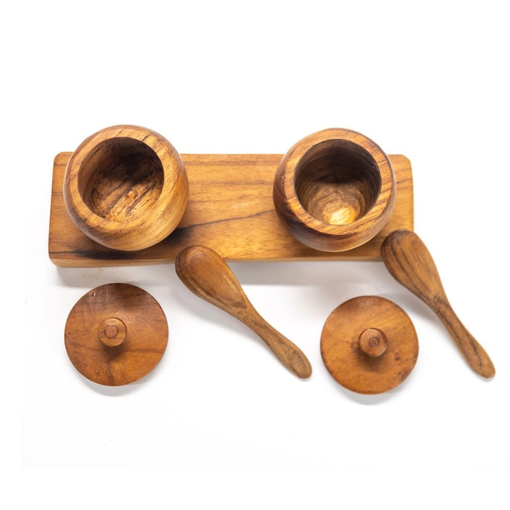 Teak Wood Spice Jar Set with Tray