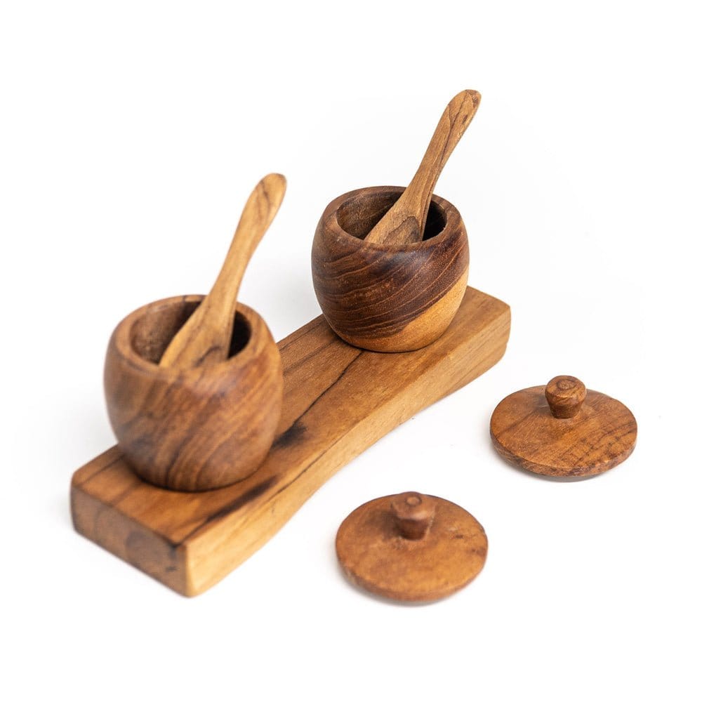 Teak Wood Spice Jar Set with Tray