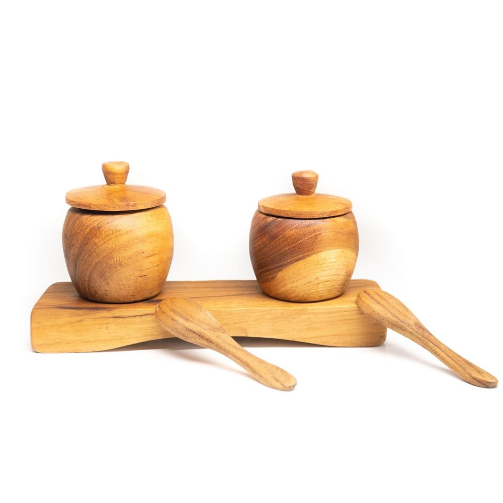 Teak Wood Spice Jar Set with Tray